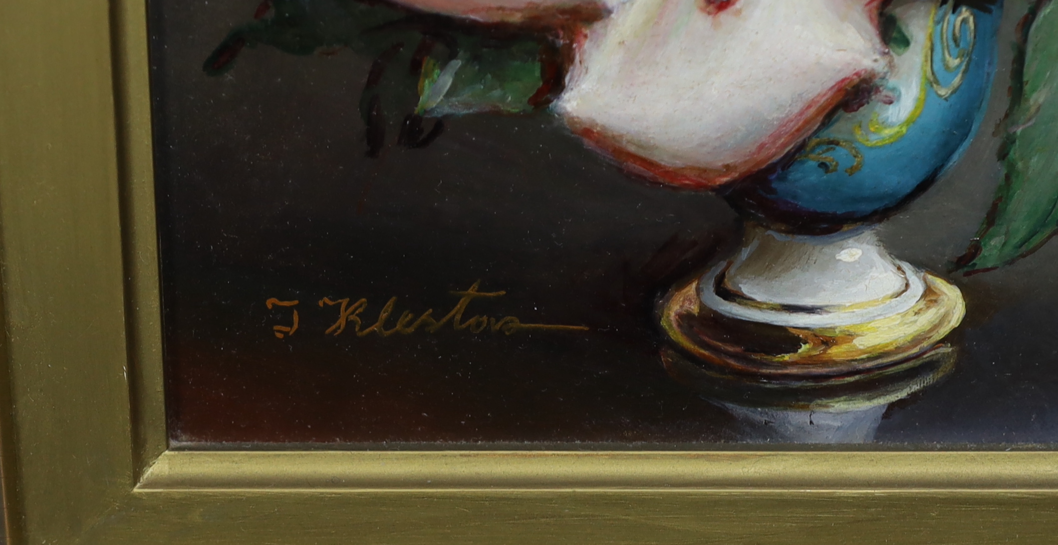 Irene Klestova (Russian, 1908-1989), 'Roses in a blue Sevres vase', oil on board, 23 x 18cm